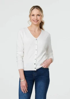 Tops>Izabel London White Cropped Button Up Slim Knit Cardigan