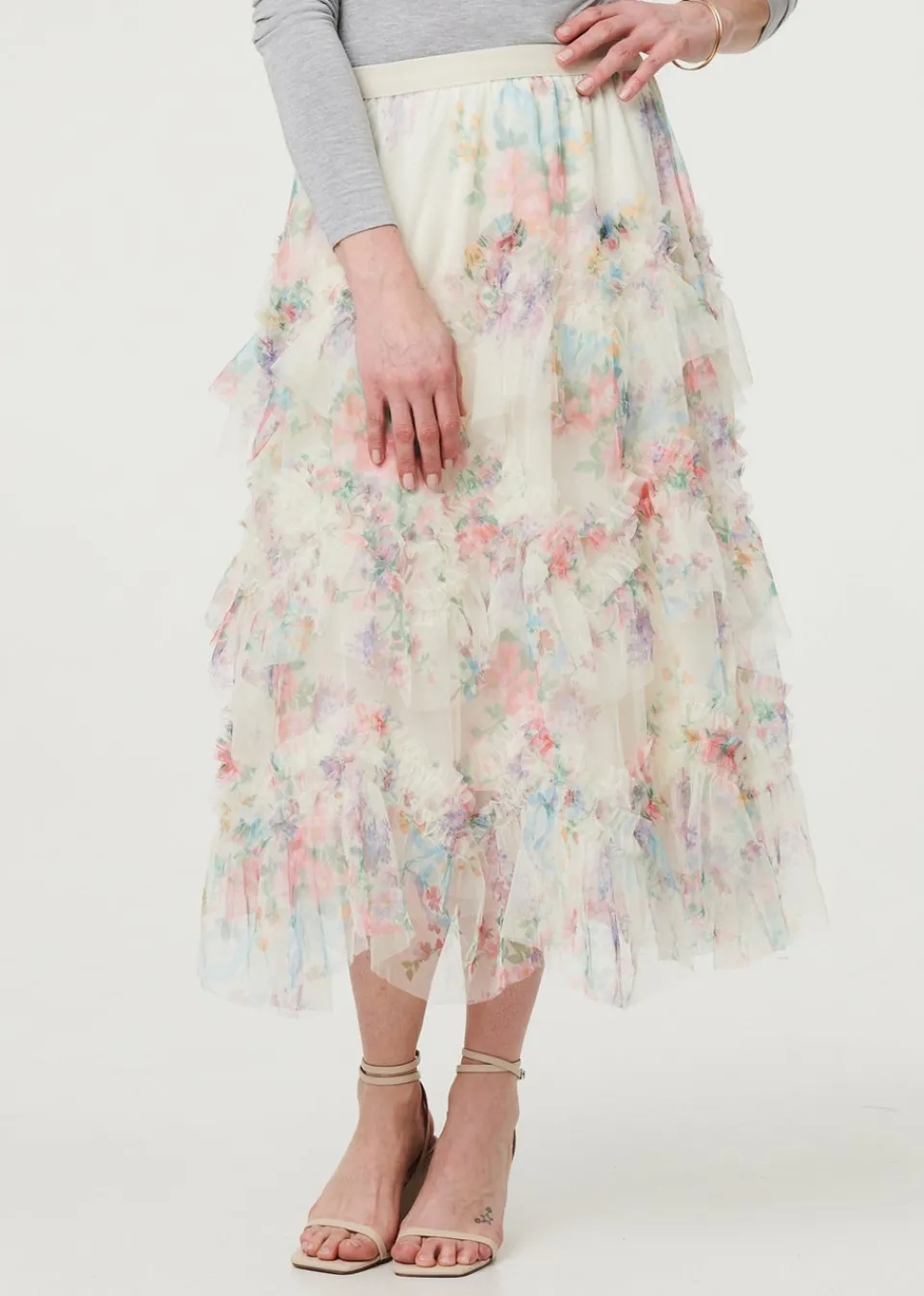 Skirts>Izabel London White Floral Semi Sheer Mesh Ruffled Midi Skirt