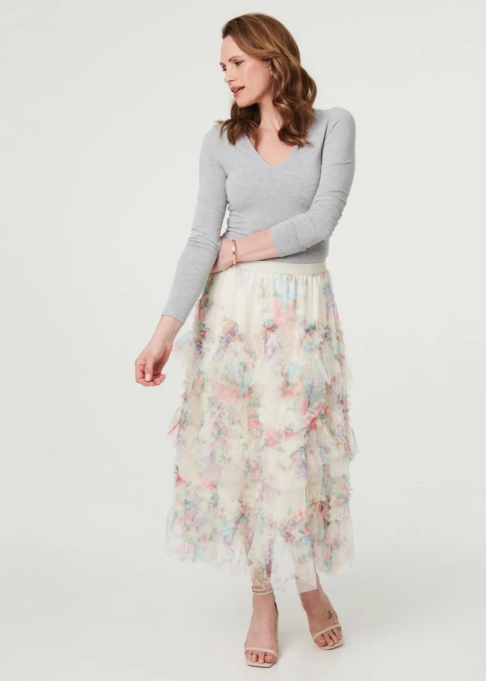 Skirts>Izabel London White Floral Semi Sheer Mesh Ruffled Midi Skirt