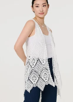 Tops>Izabel London White Lace Open Front High Low Cardigan