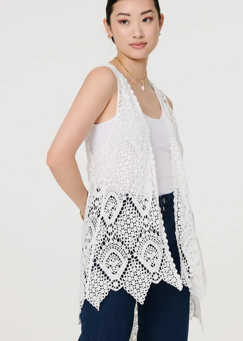 Tops>Izabel London White Lace Open Front High Low Cardigan