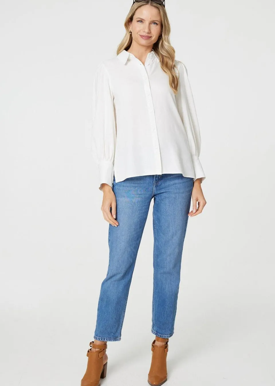 Tops>Izabel London White Plain Puff Sleeve Button-Up Shirt