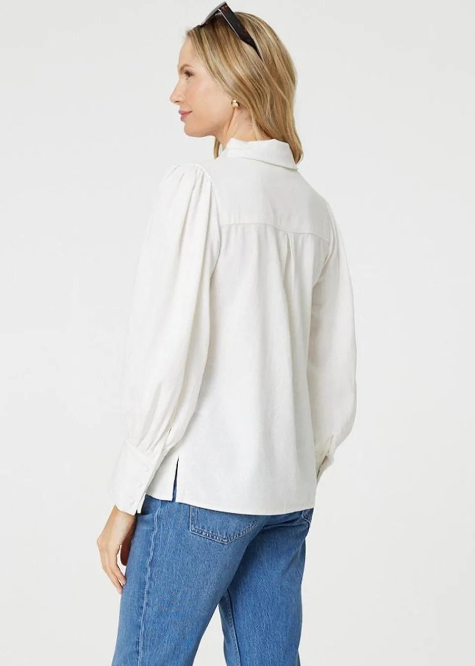 Tops>Izabel London White Plain Puff Sleeve Button-Up Shirt