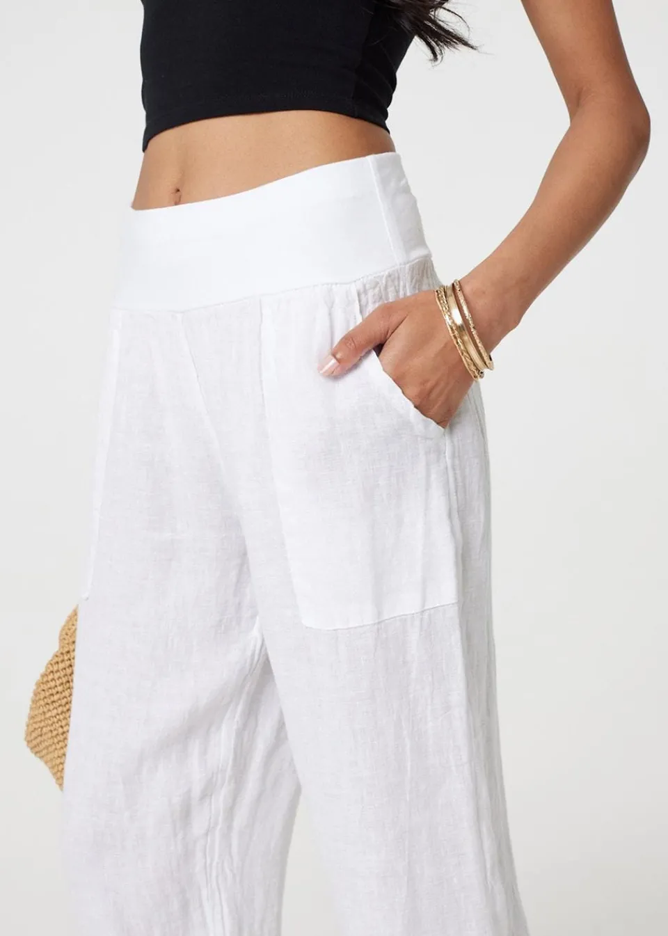 Trousers>Izabel London White Relaxed Linen Blend Tapered Trousers