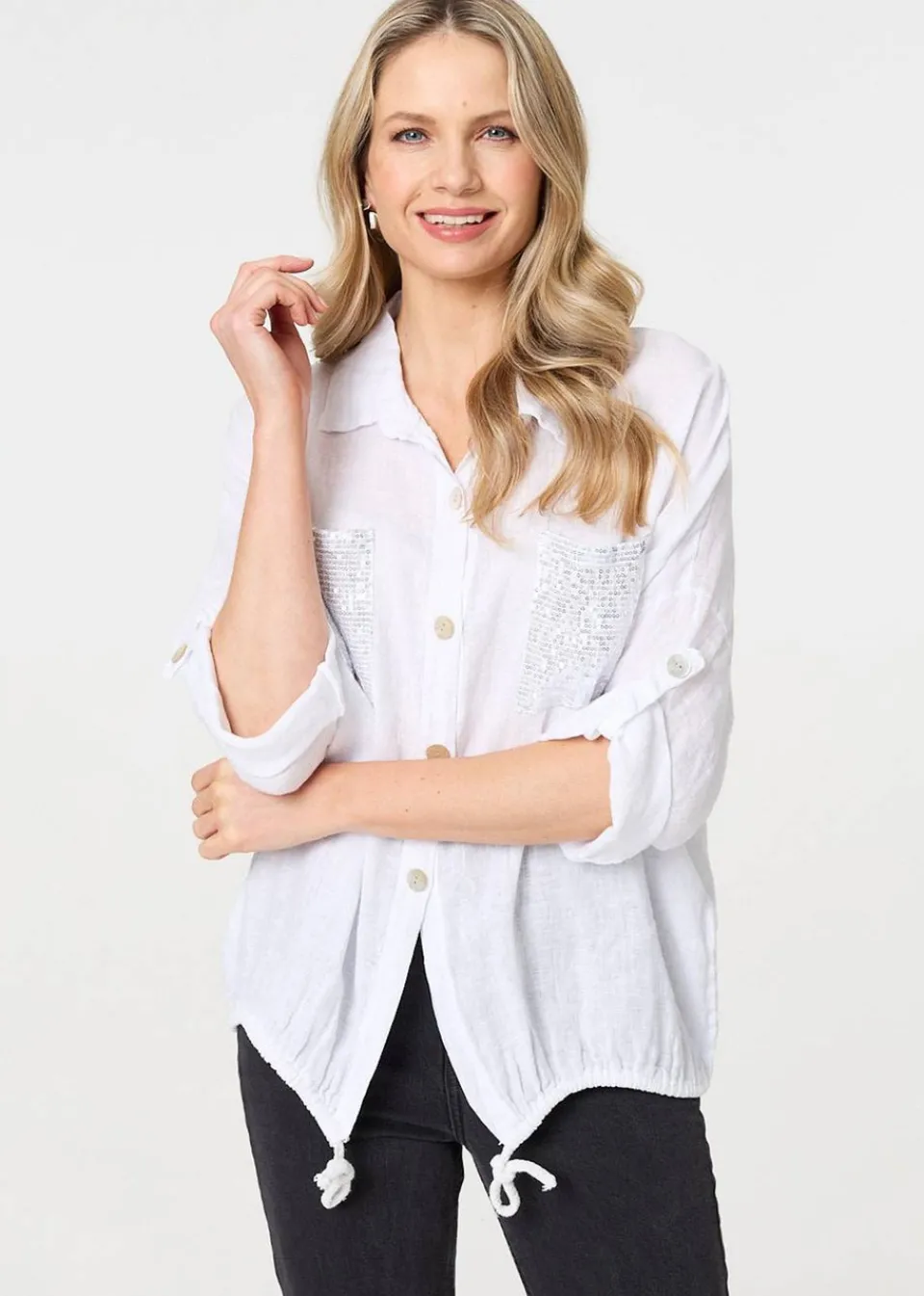 Tops>Izabel London White Sequin Detail 3/4 Turn-Up Sleeve Shirt