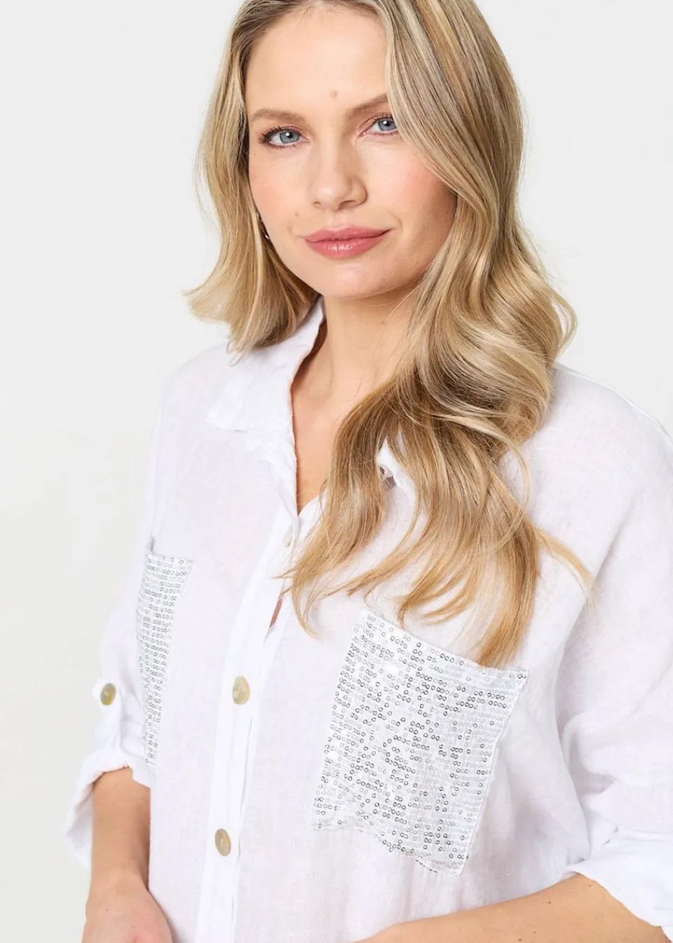 Tops>Izabel London White Sequin Detail 3/4 Turn-Up Sleeve Shirt