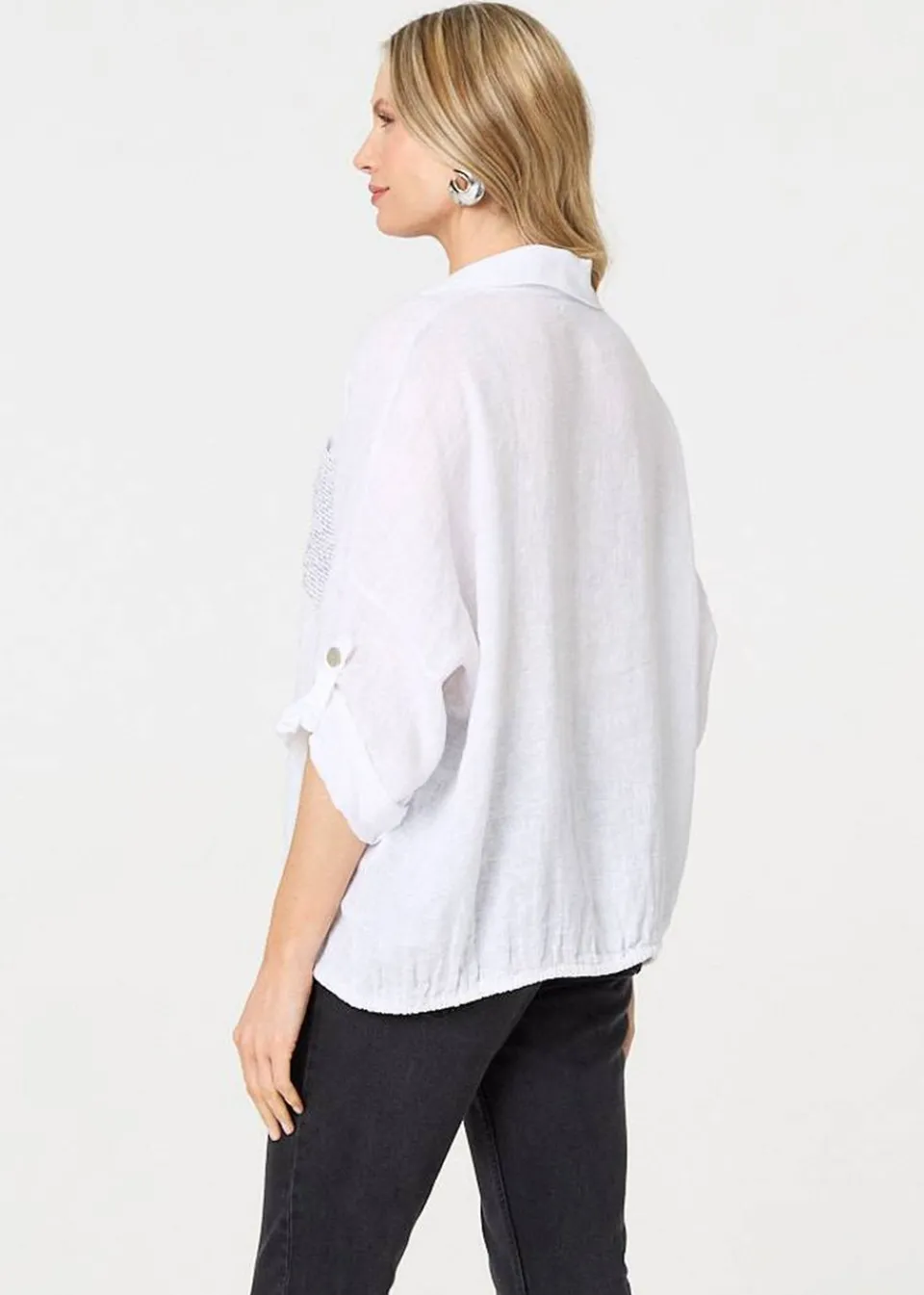 Tops>Izabel London White Sequin Detail 3/4 Turn-Up Sleeve Shirt
