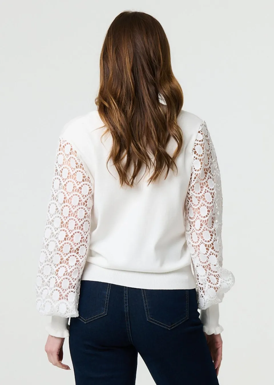 Tops>Izabel London White Sheer Lace Sleeve Knitted Jumper