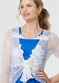 Tops>Izabel London White Sheer 3/4 Sleeve Open Front Cardigan