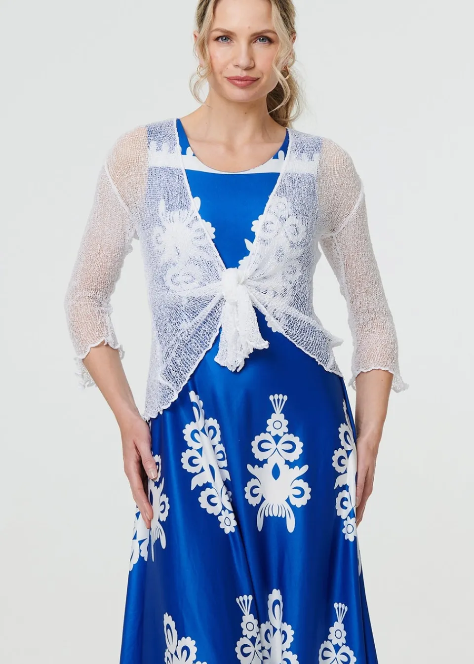 Tops>Izabel London White Sheer 3/4 Sleeve Open Front Cardigan