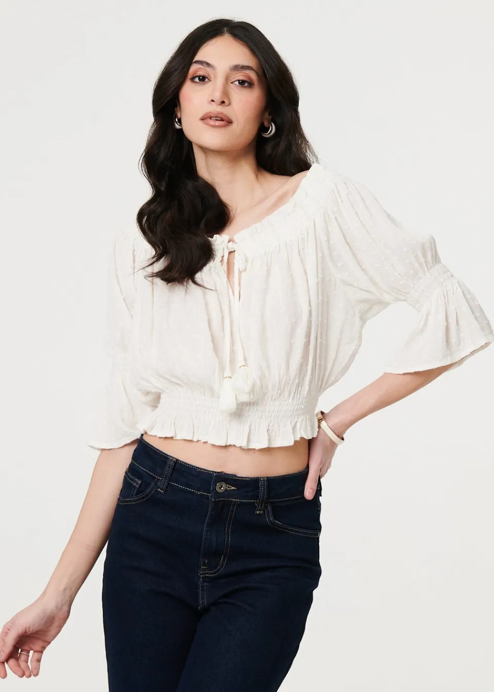 Tops>Izabel London White Textured Bardot Ruched Crop Top