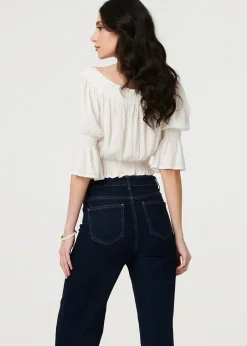 Tops>Izabel London White Textured Bardot Ruched Crop Top