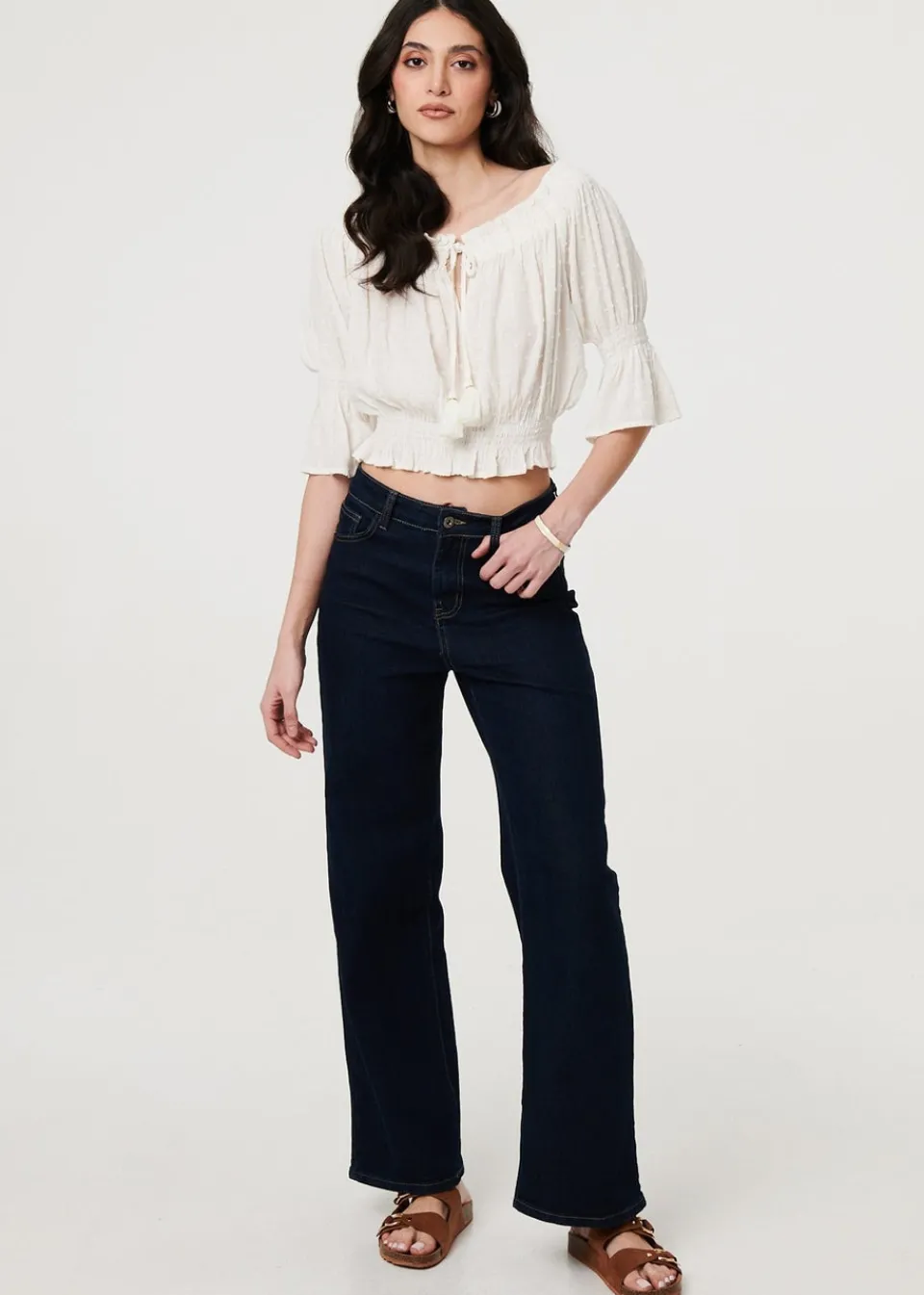 Tops>Izabel London White Textured Bardot Ruched Crop Top