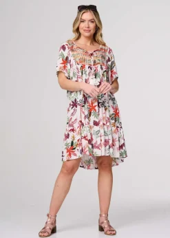 Dresses>Izabel London White Tropical Print Tie Neck Knee Length Dress