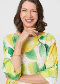 Tops>Izabel London Yellow Leaf Print 3/4 Sleeve Knit Texture Top