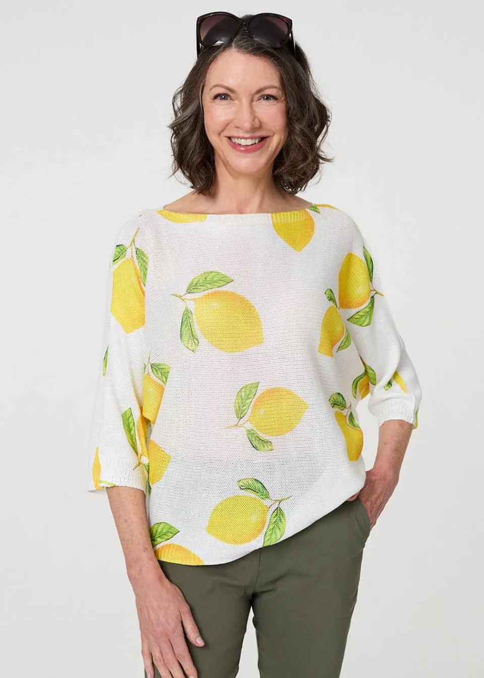 Tops>Izabel London Yellow Printed 3/4 Sleeve Knit Texture Top