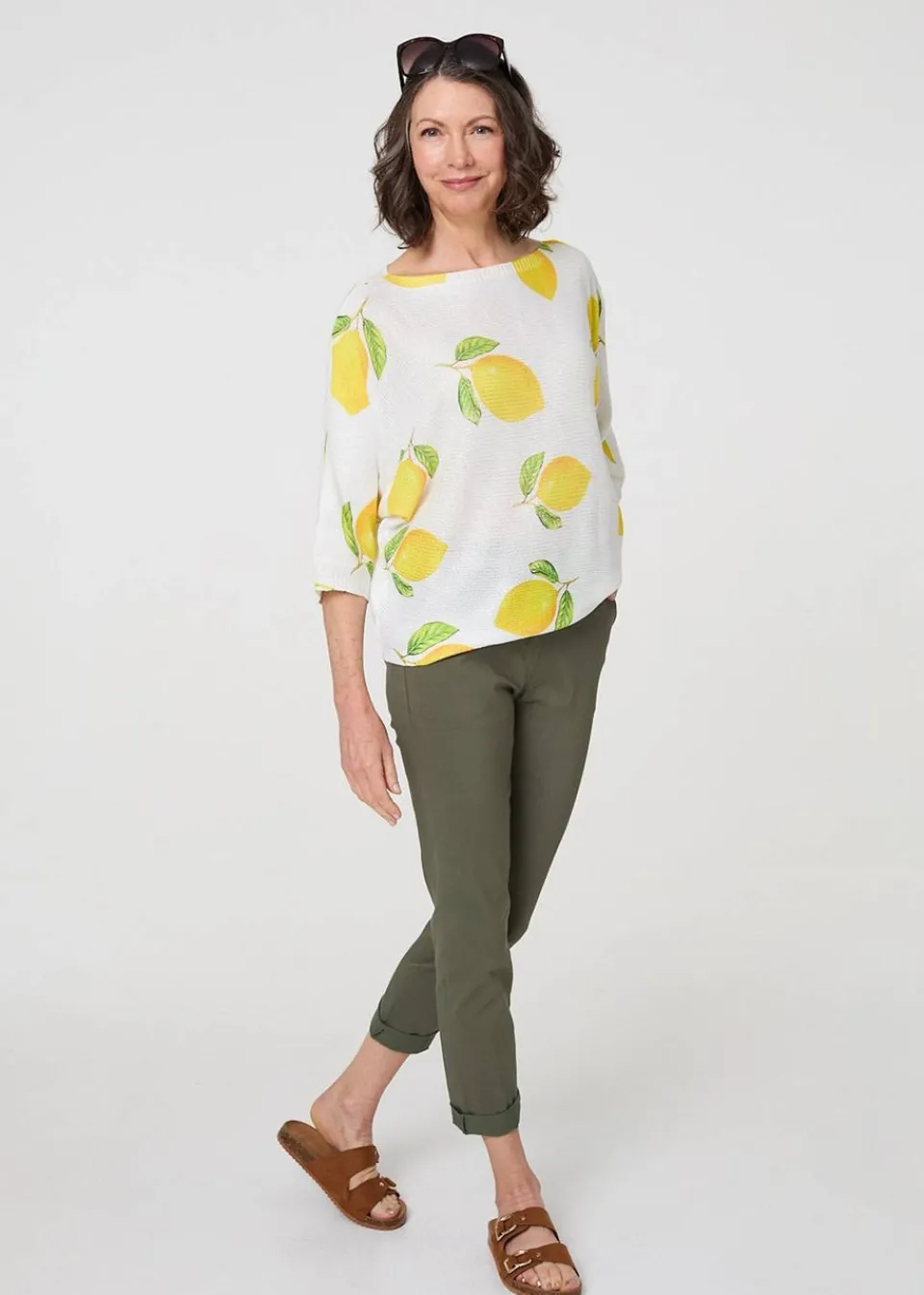 Tops>Izabel London Yellow Printed 3/4 Sleeve Knit Texture Top