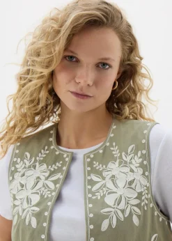 Coats & Jackets>Papaya Khaki Embroidered Waistcoat