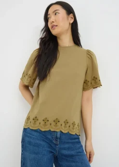 T-Shirts>Papaya Khaki Floral Cut Out T-Shirt