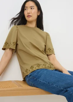 T-Shirts>Papaya Khaki Floral Cut Out T-Shirt