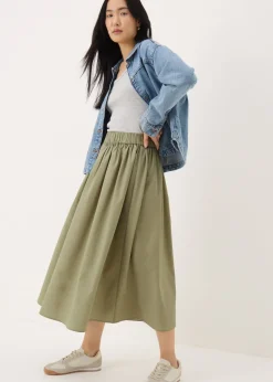 Skirts>Papaya Khaki Midi Poplin Skirt