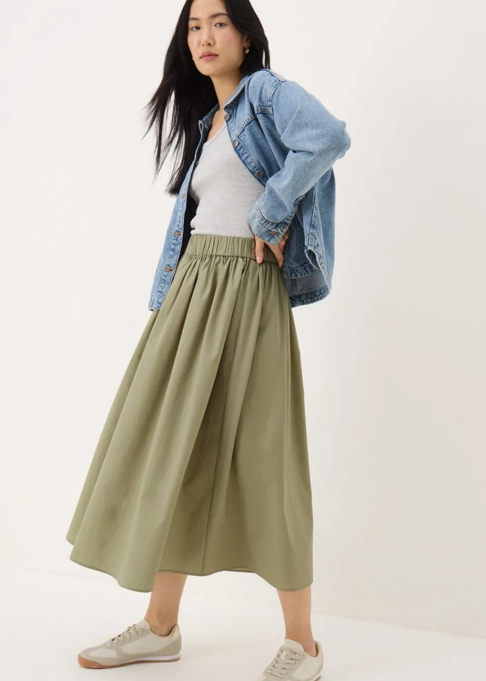 Skirts>Papaya Khaki Midi Poplin Skirt