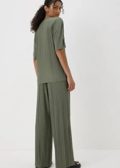 Trousers>Papaya Khaki Plisse Co-Ord Trousers