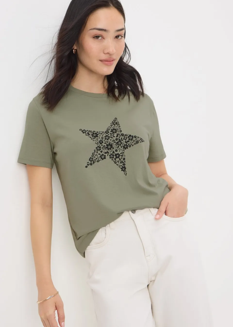 T-Shirts>Papaya Khaki Star Print T-Shirt