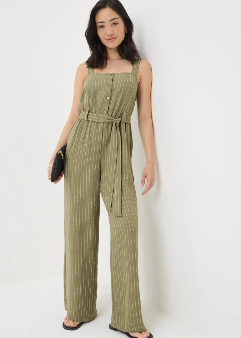 Jumpsuits & Playsuits>Papaya Stripe Button Front Jumpsuit Khaki