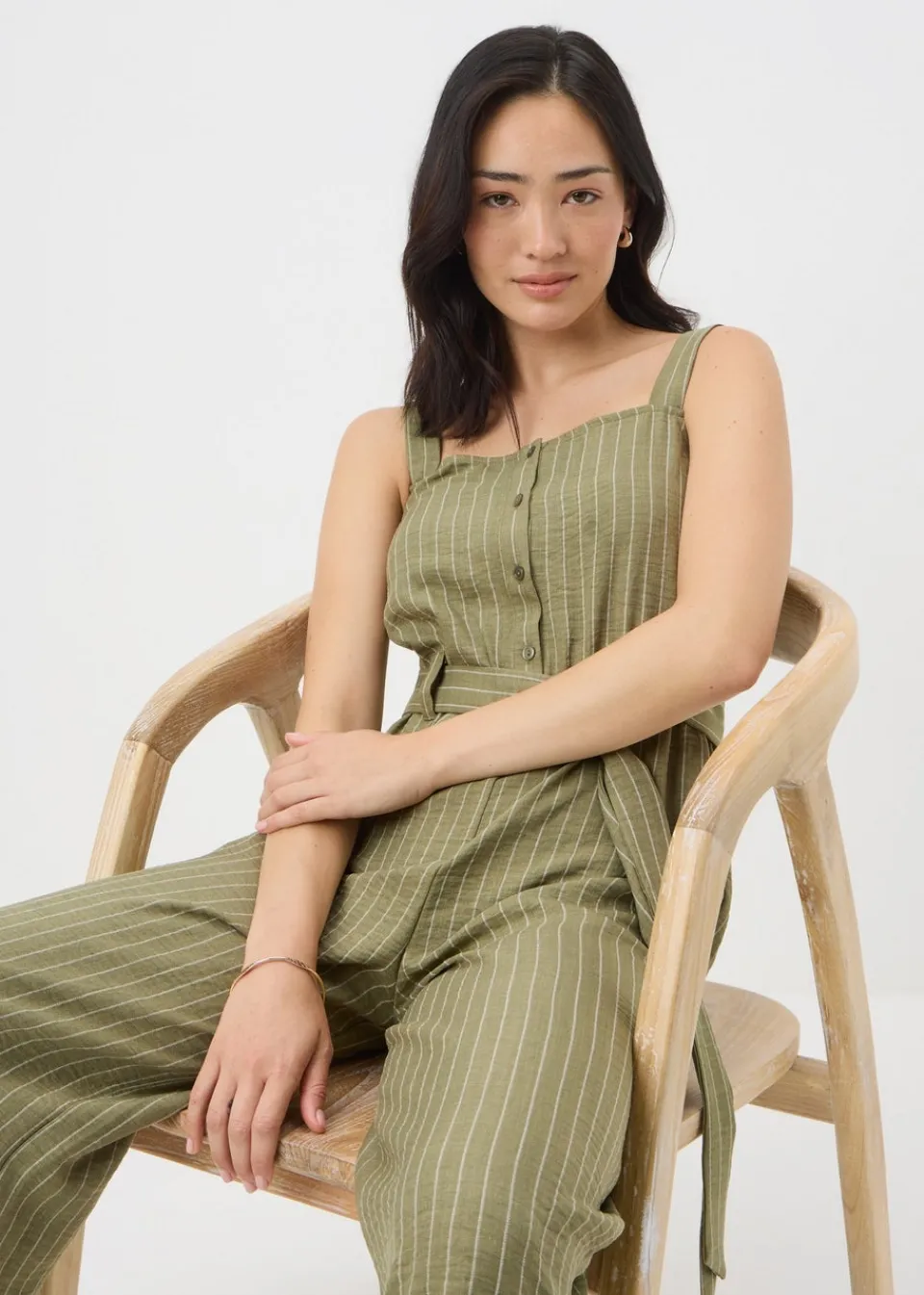 Jumpsuits & Playsuits>Papaya Stripe Button Front Jumpsuit Khaki