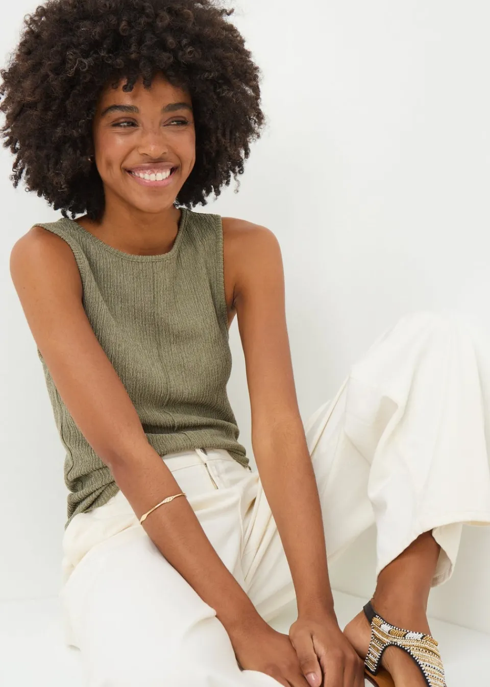Tops>Papaya Khaki Textured Seam Vest Top