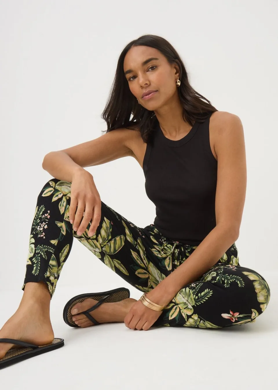 Trousers>Papaya Khaki Tropical Leaf Harem Trousers