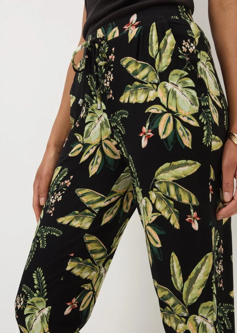 Trousers>Papaya Khaki Tropical Leaf Harem Trousers
