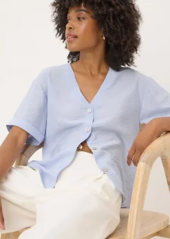 Tops>Papaya Light Blue Short Sleeve V-Neck Shirt