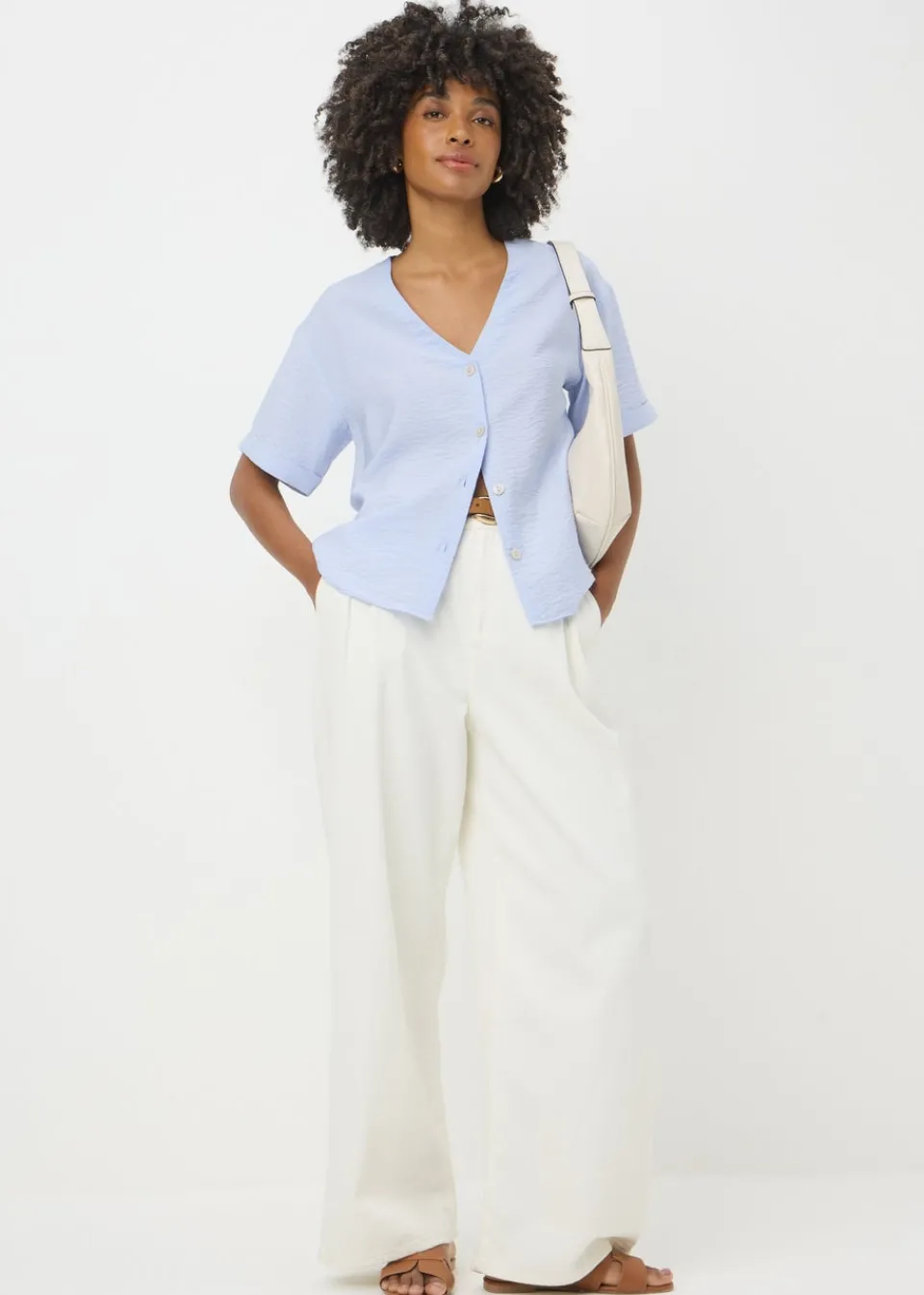 Tops>Papaya Light Blue Short Sleeve V-Neck Shirt