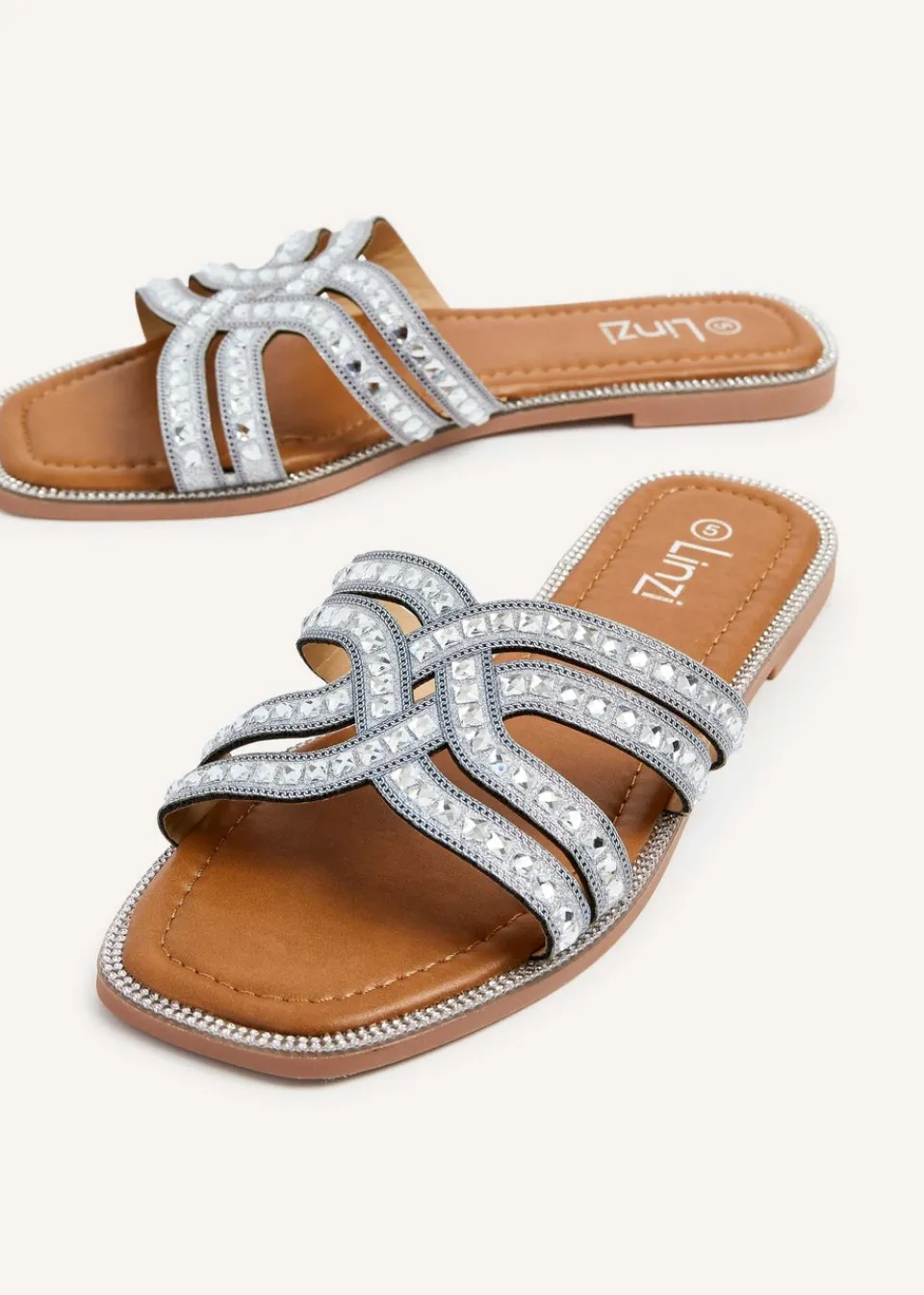 Footwear>Linzi Alondra Silver Diamante Embellished Flat Slider Sandals