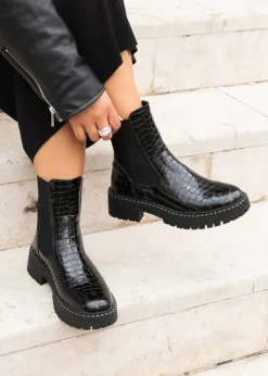 Footwear>Linzi Andrea Black Faux Croc Patent Leather Silver