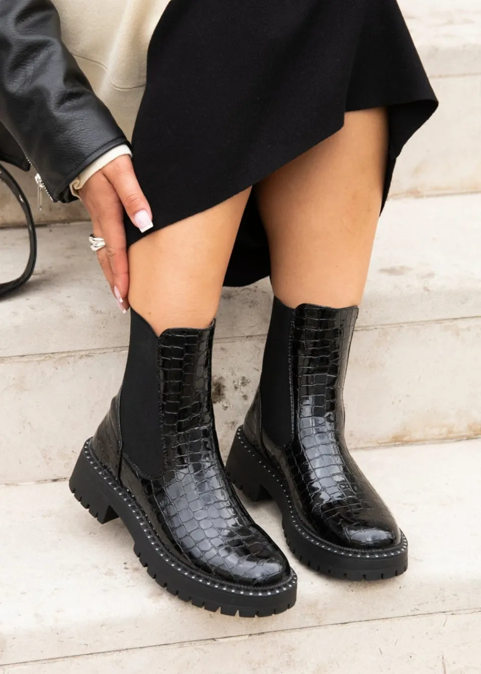 Footwear>Linzi Andrea Black Faux Croc Patent Leather Silver