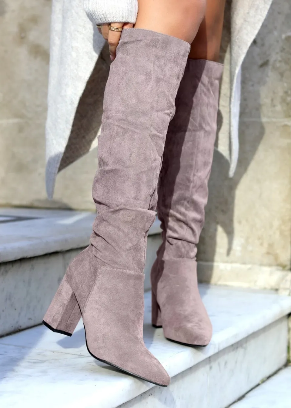 Footwear>Linzi Bonnie Mocha Suede Block Heel Knee High Ruched Boot
