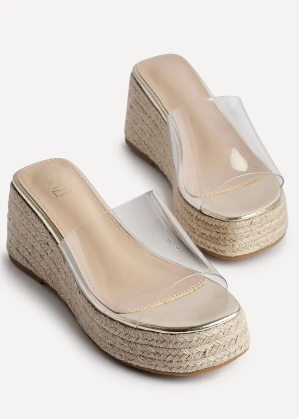 Footwear>Linzi Clear Espresso Perspex Espadrille Inspired Mule Wedges