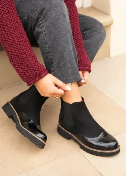 Footwear>Linzi Cleo Black Patent & Suede Brogue Style Chelsea Boot