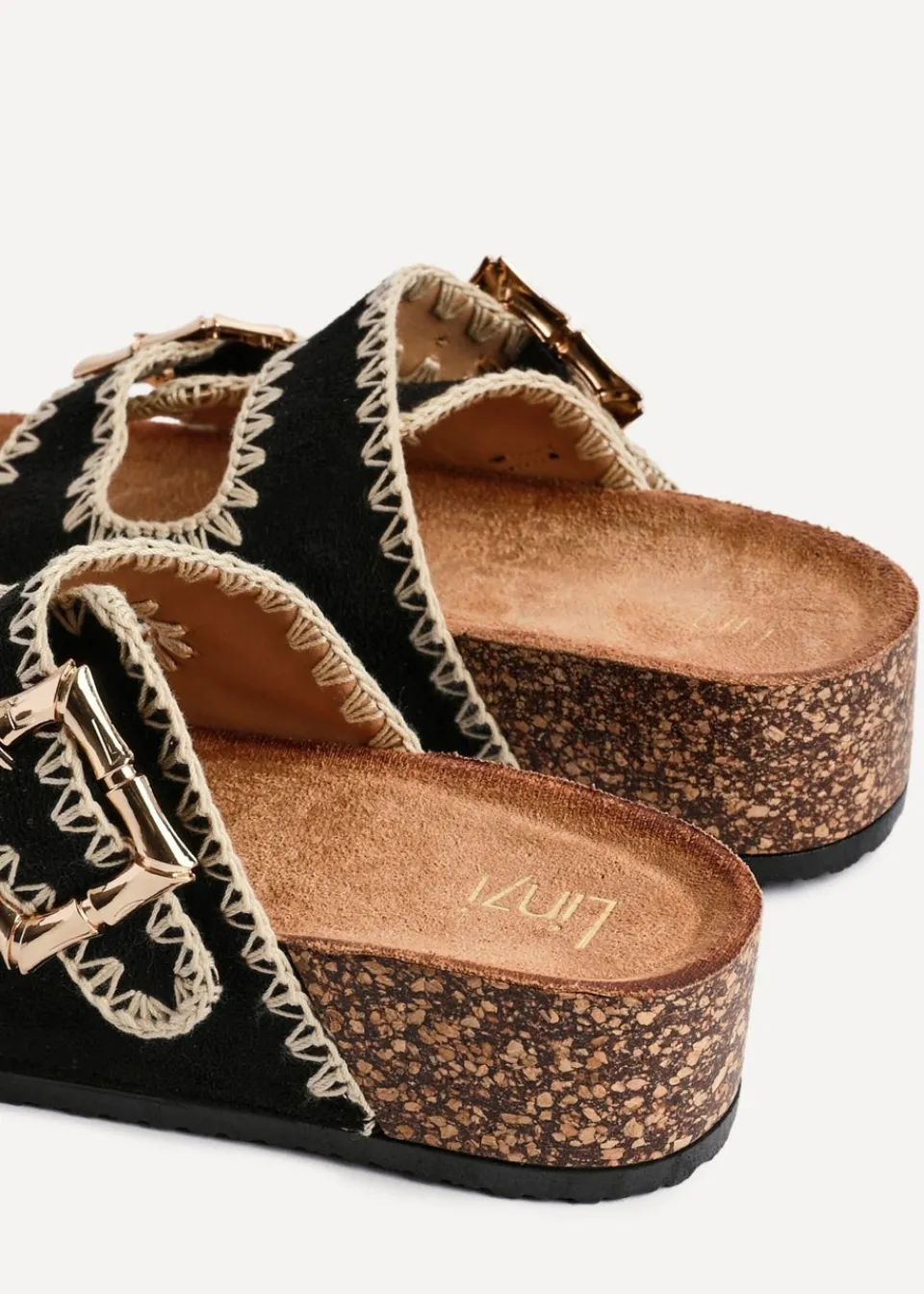 Footwear>Linzi Darby Black Faux Suede Double Buckle Sandal