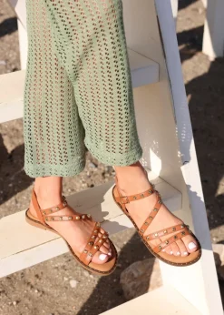 Footwear>Linzi Destino Tan Faux Leather Studded Gladiator Style Flat Sandal
