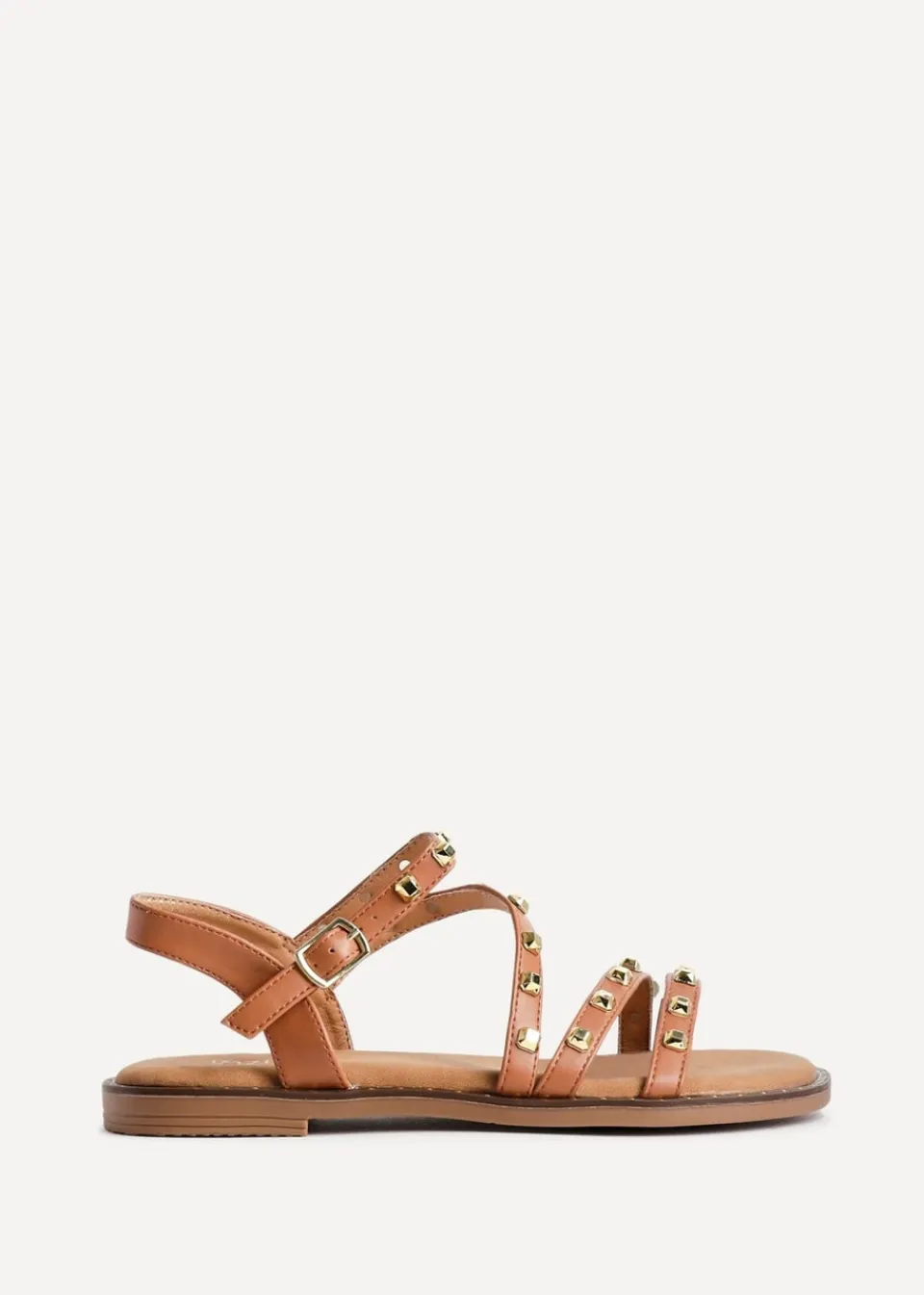 Footwear>Linzi Destino Tan Faux Leather Studded Gladiator Style Flat Sandal
