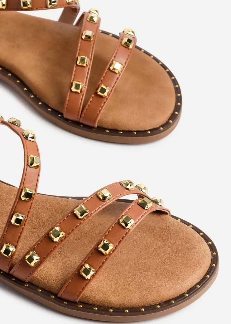 Footwear>Linzi Destino Tan Faux Leather Studded Gladiator Style Flat Sandal