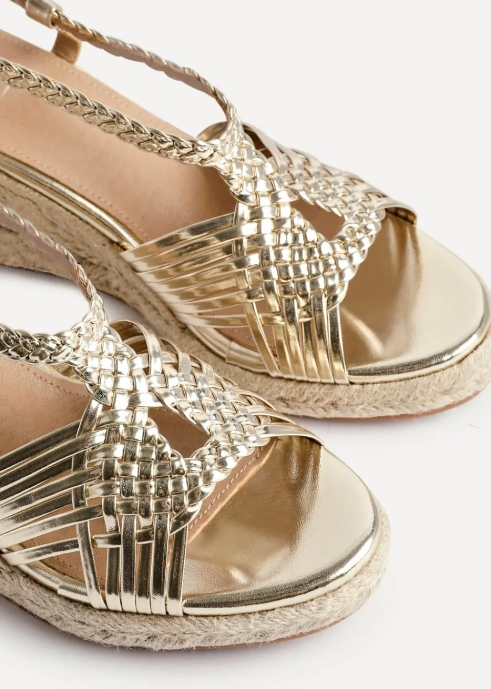 Footwear>Linzi Evolve Faux Leather Woven Espadrille Wedge Gold