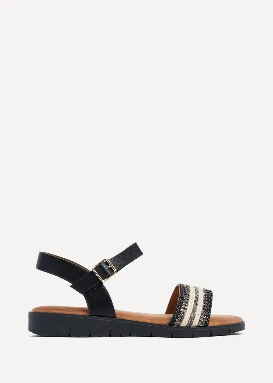 Footwear>Linzi Faye Black Faux Leather Wedged Sandal