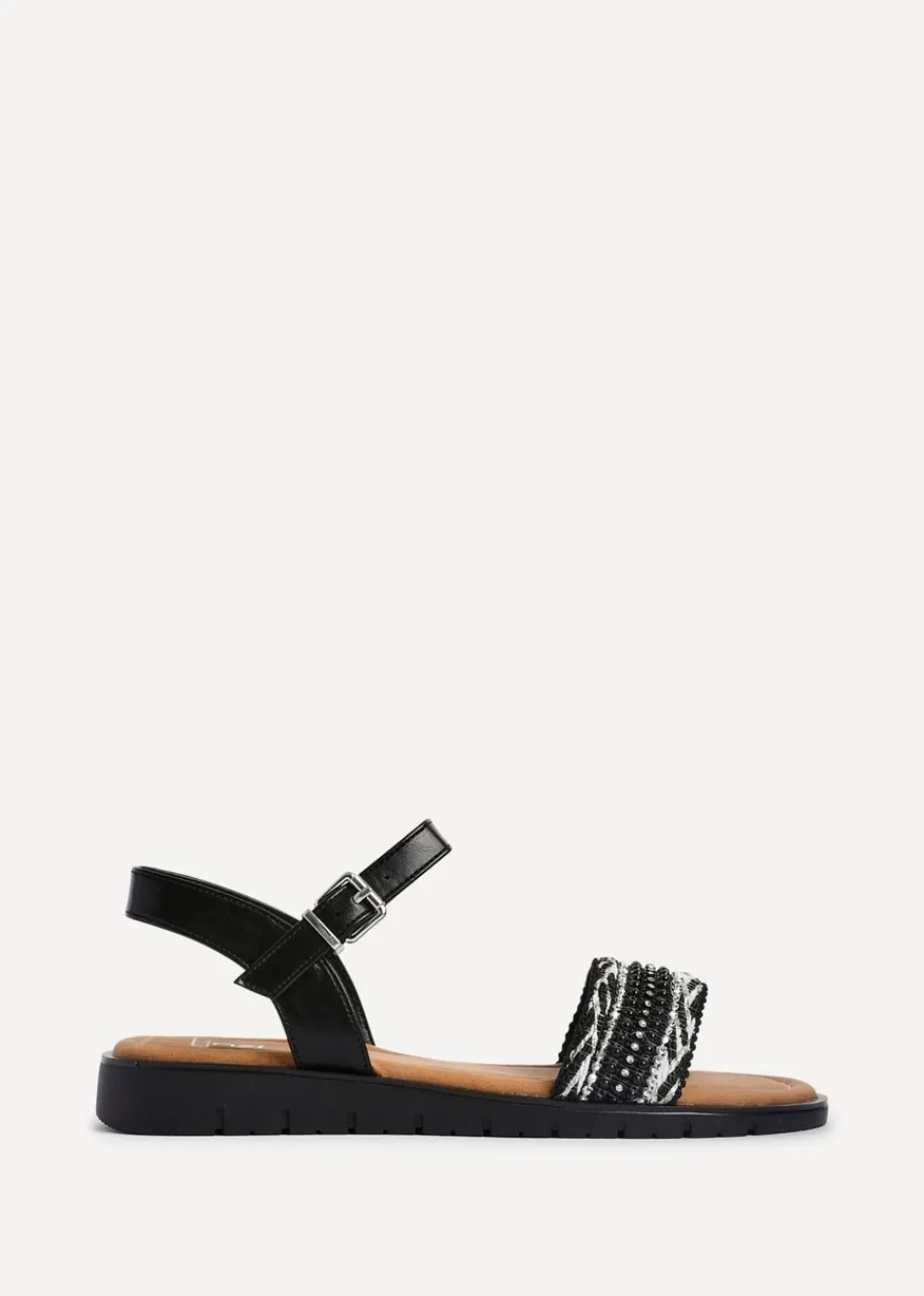 Footwear>Linzi Halo Black Weaved Embellished Flat Sandals