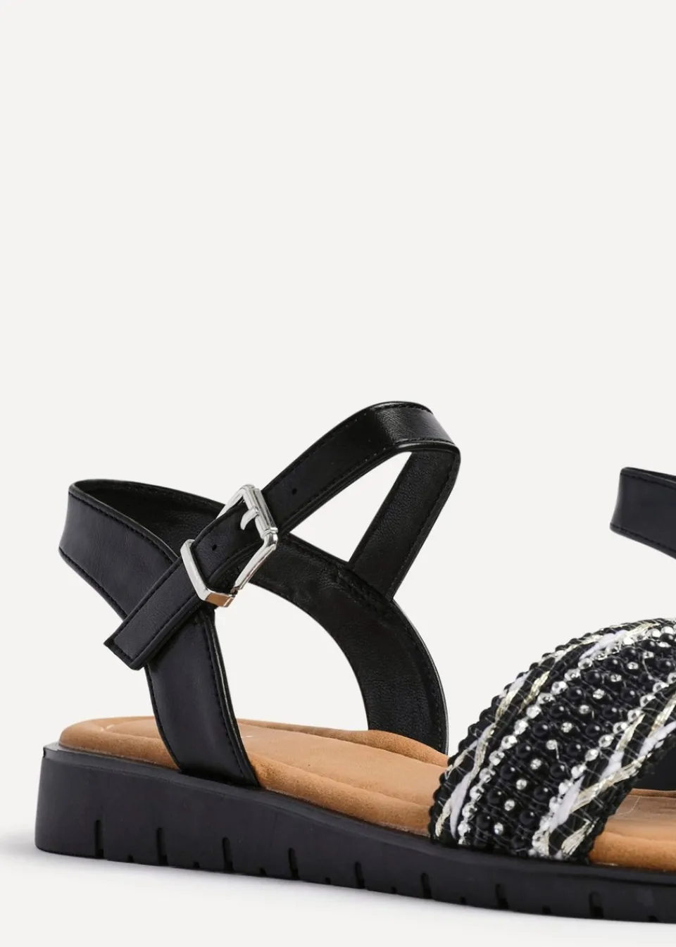 Footwear>Linzi Halo Black Weaved Embellished Flat Sandals