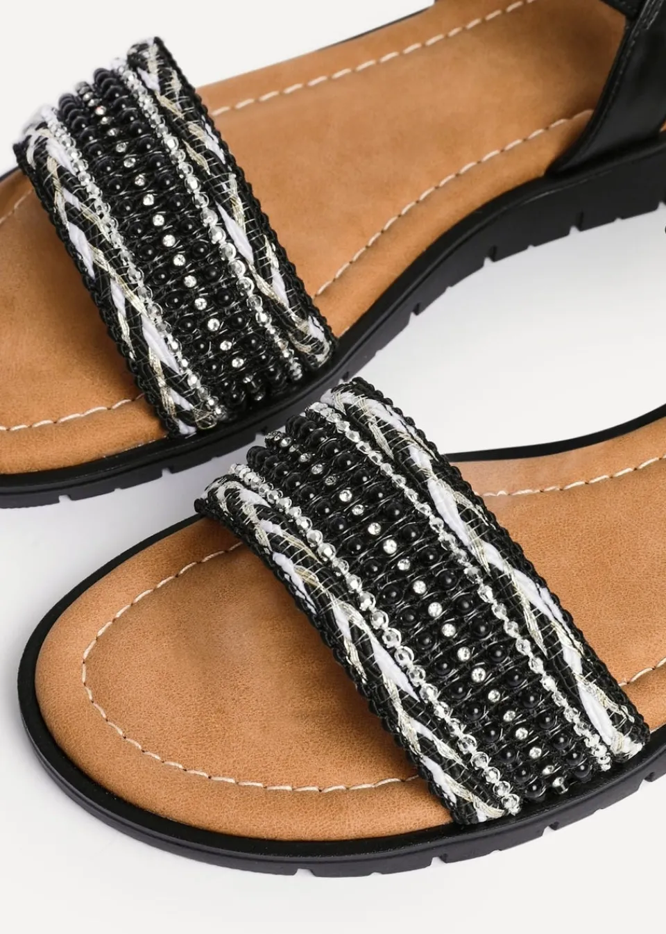 Footwear>Linzi Halo Black Weaved Embellished Flat Sandals